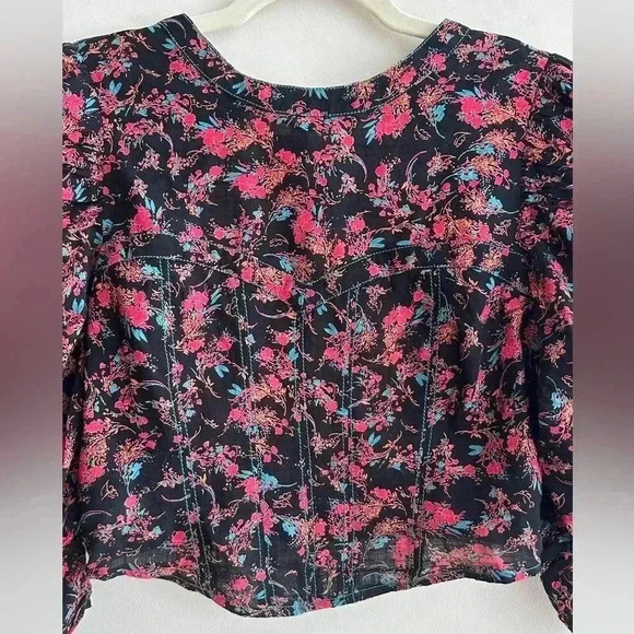 Free People Monica Top, Floral Open Back Puff Sleeve Cinched Waist Blouse Med - Picture 7 of 16